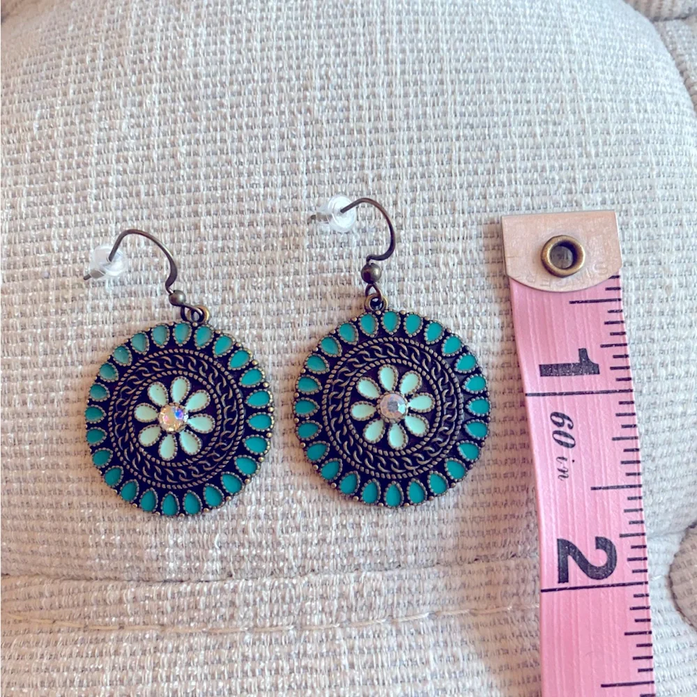 Round Floral Turquoise Earrings - Picture 4 of 6